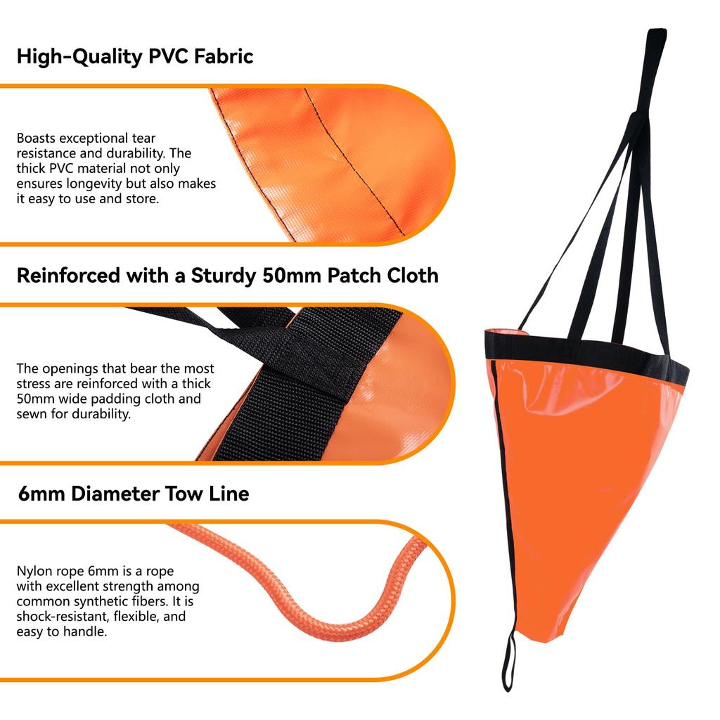 19”/24”/42”/53 Inch Drift Sock Sea Anchor Drogue with 30ft Kayak Tow Rope Line Buoy Ball for Fishing Boat Trolling Sock