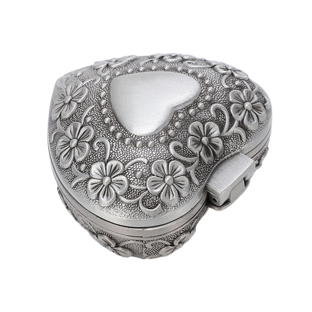 Heart Shaped Jewelry Box Retro Flower Carving Pattern Heart Shaped Metal Jewelry Box for Jewelry