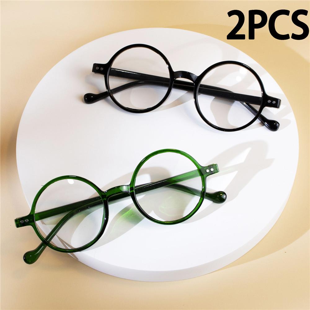 2PCS Round Non-Prescription Anti-Blue Lightweight Reading Eyeglasses - Cute Full Rim PC Frames with Clear Polycarbonate Lens C1