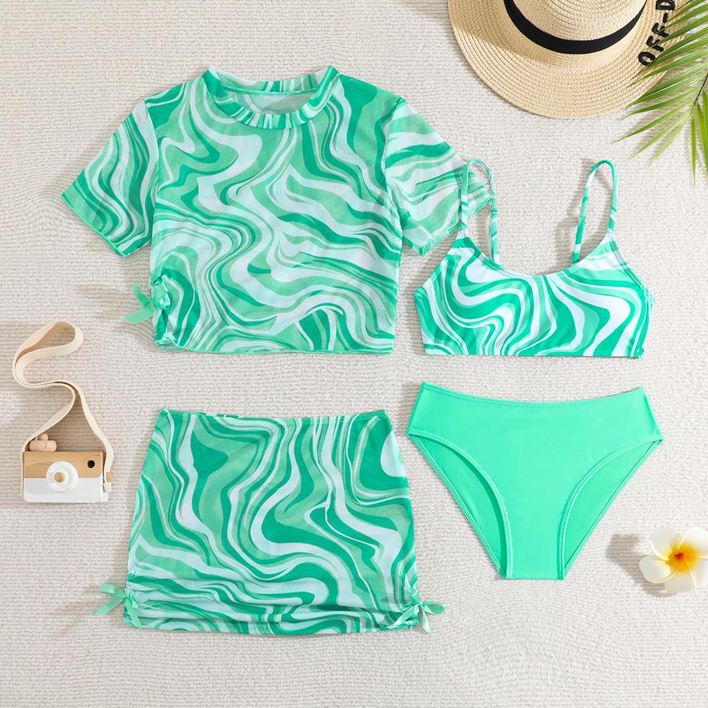 Girls Three Piece Swimsuit Set High Waist Bottoms with Mesh Skirt and Short Sleeve Cover Up Top for Kids Summer Beachwear