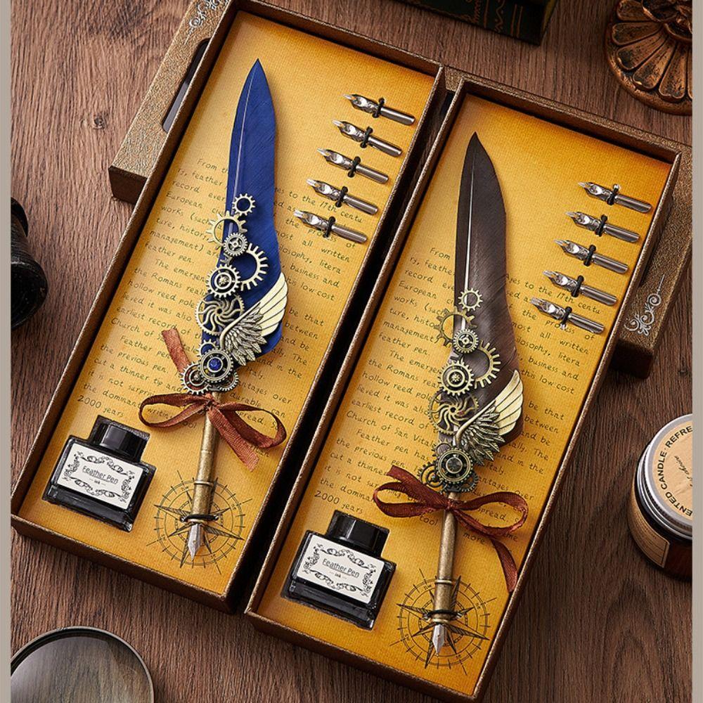 Replaceable 5 Nib Metal Signature Pen Retro Punk Feather Pen  Writing Accessories