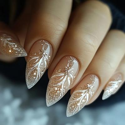 24PCS Glitter Powder Nail Tips with Ice Snowflakes Pattern French Press On Nail Simple Almond Wearable Fake Nail for Spice Girls