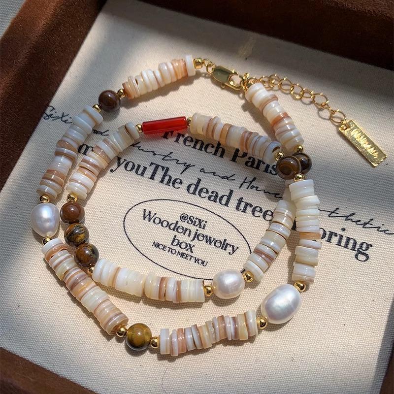 Handmade Natural Tiger Eye Red Agate Shell Freshwater Pearl Beaded Necklace Women Choker Strand