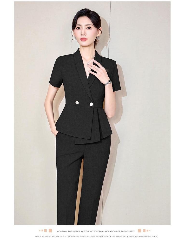Women's Professional Short Sleeve Summer Suit – Elegant Formal Wear for Manager, Secretary, Hotel Front Desk, and Reception Work.