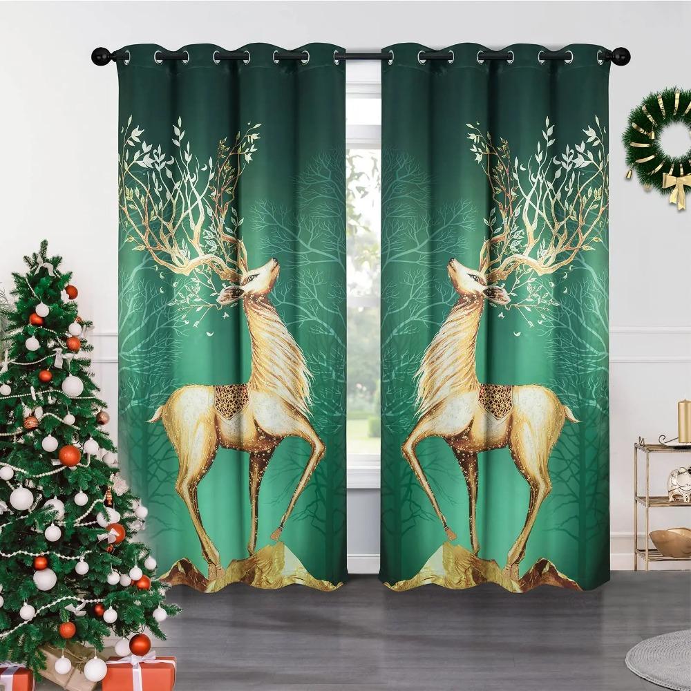 Collection Christmas Blackout Curtains Elk Printed High Shading Curtains Ideal for Bedroom Space Living Room Kitchen Area Children's Room 2 Pcs4