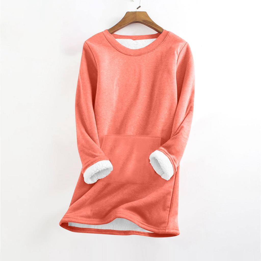 Women's Fashionable Solid Color Round Neck Long Sleeved Plush Warm Pullover Top