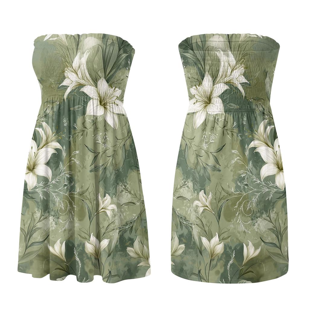 Women’s Strapless Floral Print Sundress Lightweight Casual Tube Top Dress with Elastic Shirred Bodice for Summer Beach Holiday