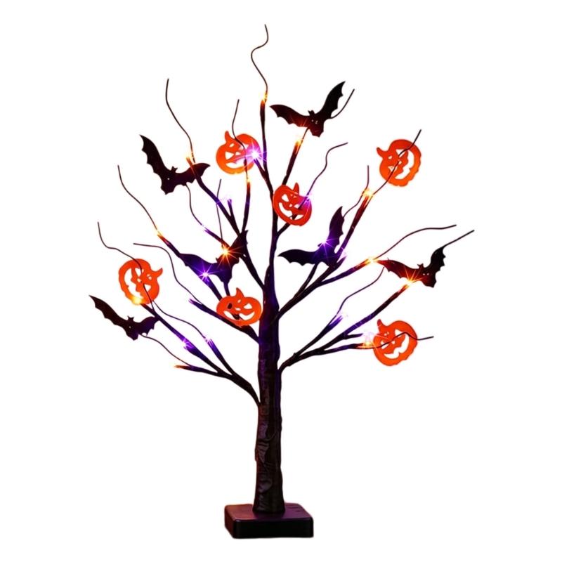 Halloween Tree with Light Home Decors Halloween Table Display Decoration, Lighted Black Tree with Bat Forms and Pumpkin Figures for Indoor Seasonal