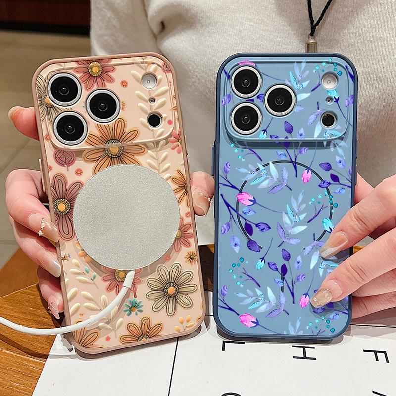 Colorful Embossed Flowers Case For iPhone 17 Pro Max Funda iPhone 16 15 14 13 Pro Max Magnetic For Magsafe Hybrid Slim Matte Cover
