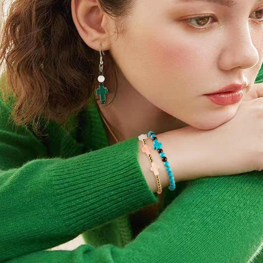 30 Pcs Gemstone Cross Beads Small Cross Crystal Stone Beads Turquoise Cross Beads Small Cross Crucifix Charms for Easter Holiday Bracelet Necklace