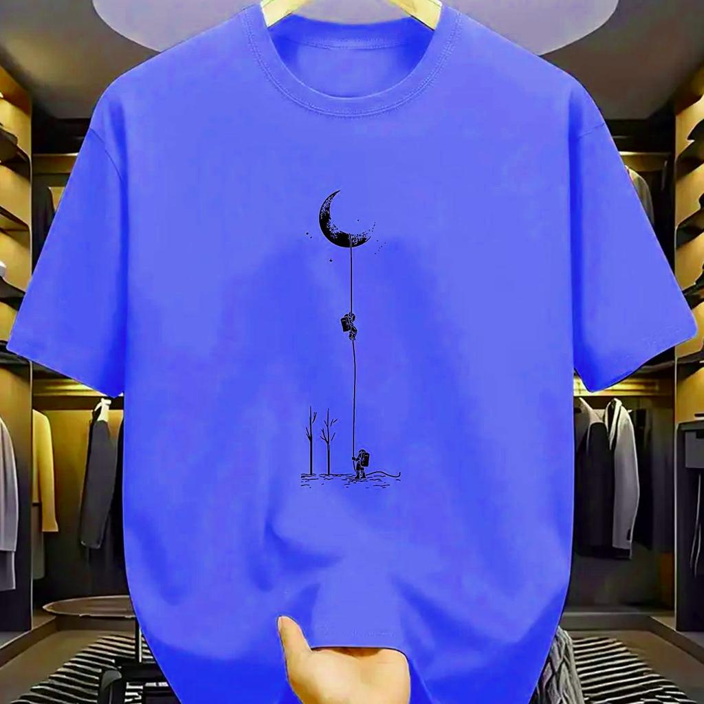 Summer men's 100_ pure cotton casual loose fit plus size moon landing pattern printed round neck short sleeved T-shirt top