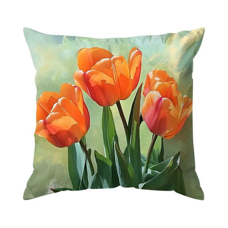 1 Pc Elegant Tulip Flower Polyester Throw Pillow Cover Sofa Couch Art Painting For Living Room Cushion Cover Modern Home Decor