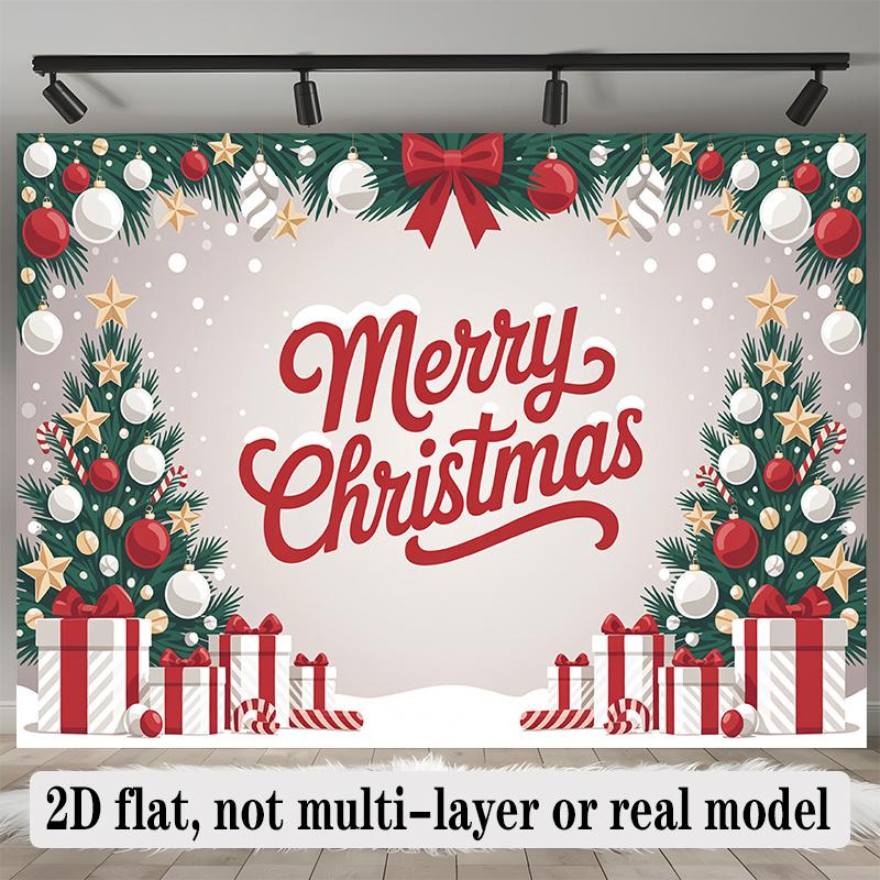 Party Banner Pine Tree Ornaments Bows Christmas Backdrop, Polyester Wall Decor for Celebration & Photos