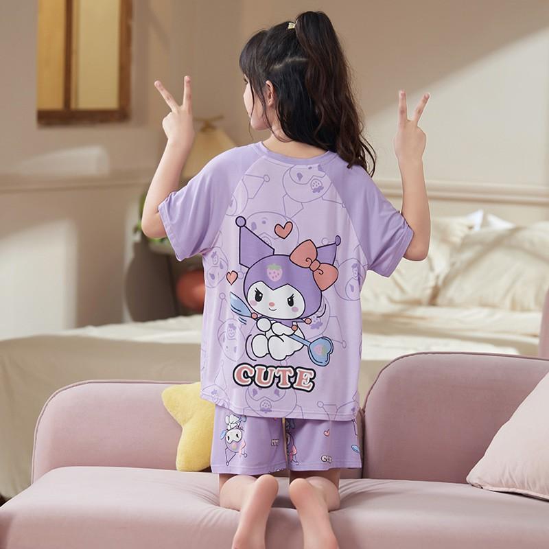 Girls Modal Cotton Pajama Set Short Sleeve Lightweight Sleepwear Cartoon Print Home Outfit Kids