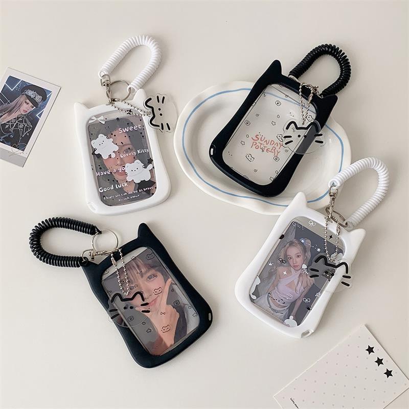 Cute Cat Photocard Holder With Elastic Rope Card Holder Idol Photo Storage Card Display Protect Pendant Bag Decor Keychain Gifts