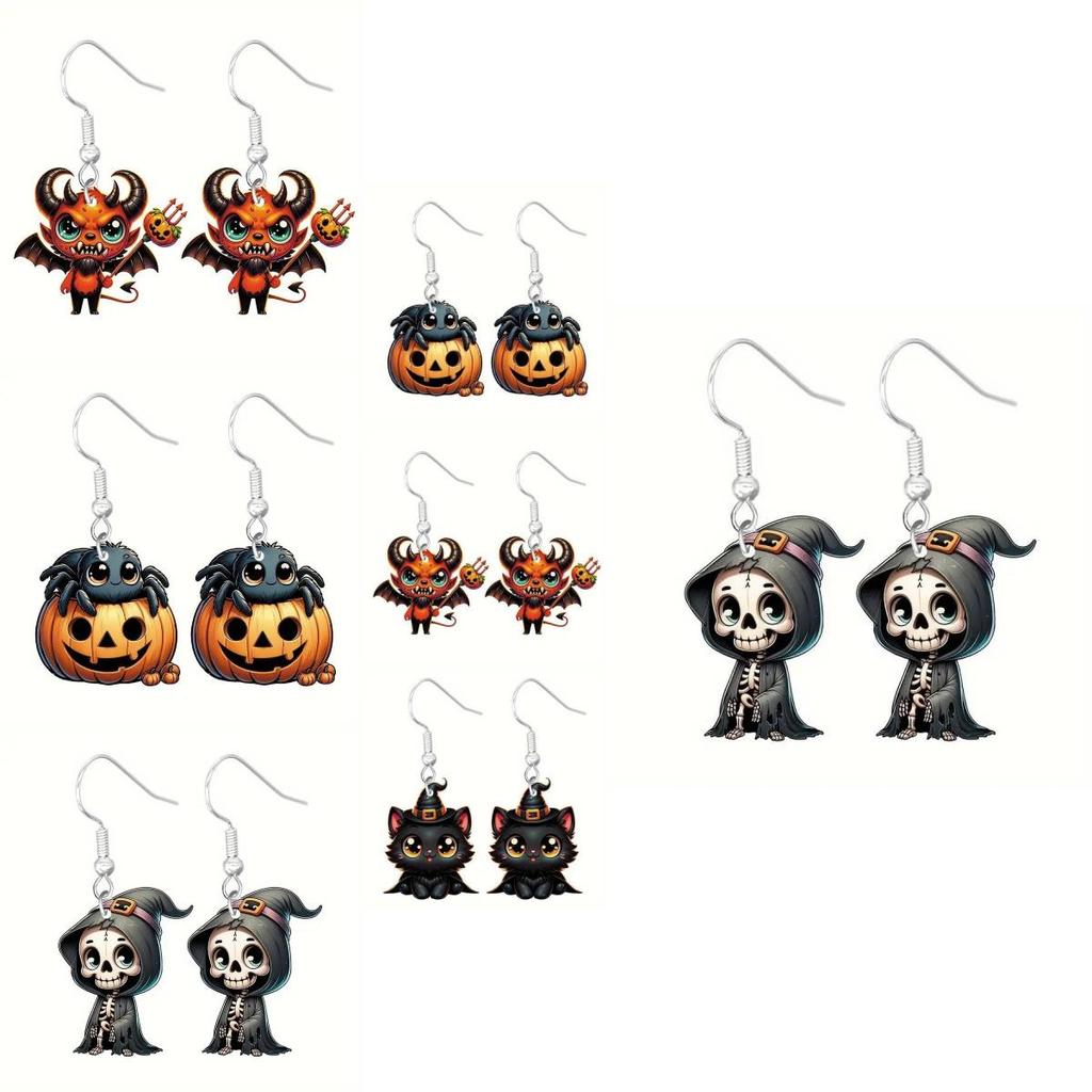 Halloween Themed Earrings Featuring Each Cat Demon Pumpkin And Skull Pattern For Festive Look