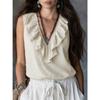 Womens Blue Sleeveless V Neck Blouse With Ruffle Trim Casual Loose Fit Summer Top