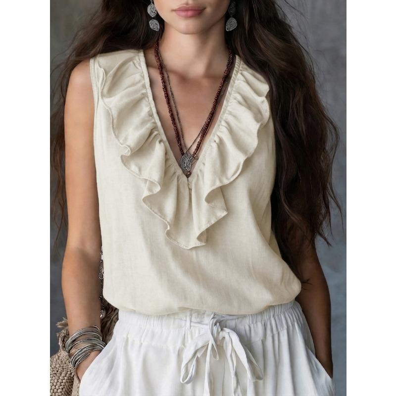 Womens Blue Sleeveless V Neck Blouse With Ruffle Trim Casual Loose Fit Summer Top