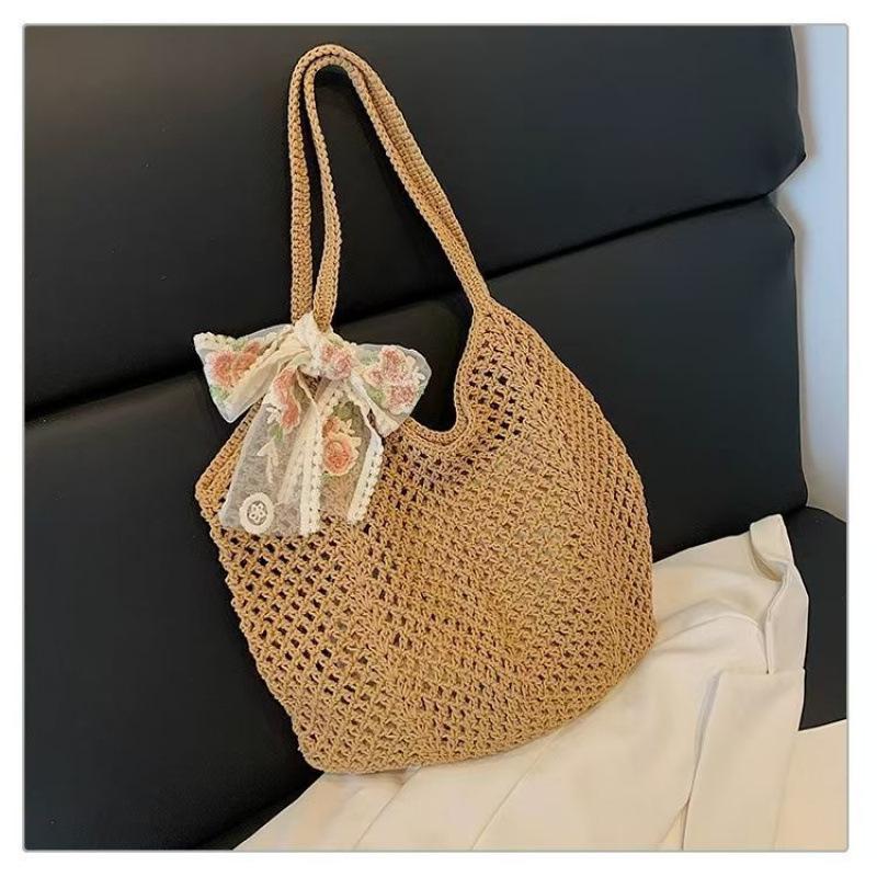 Women's Summer Large Capacity Cotton Underarm Tote - Hollow Weave Beach Bag