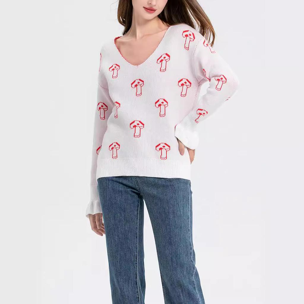 Inner Knitted Soft Gentle Wind Sweater Female V-neck Pullover Mushroom Pattern Small Perfume Loose Tops for Women