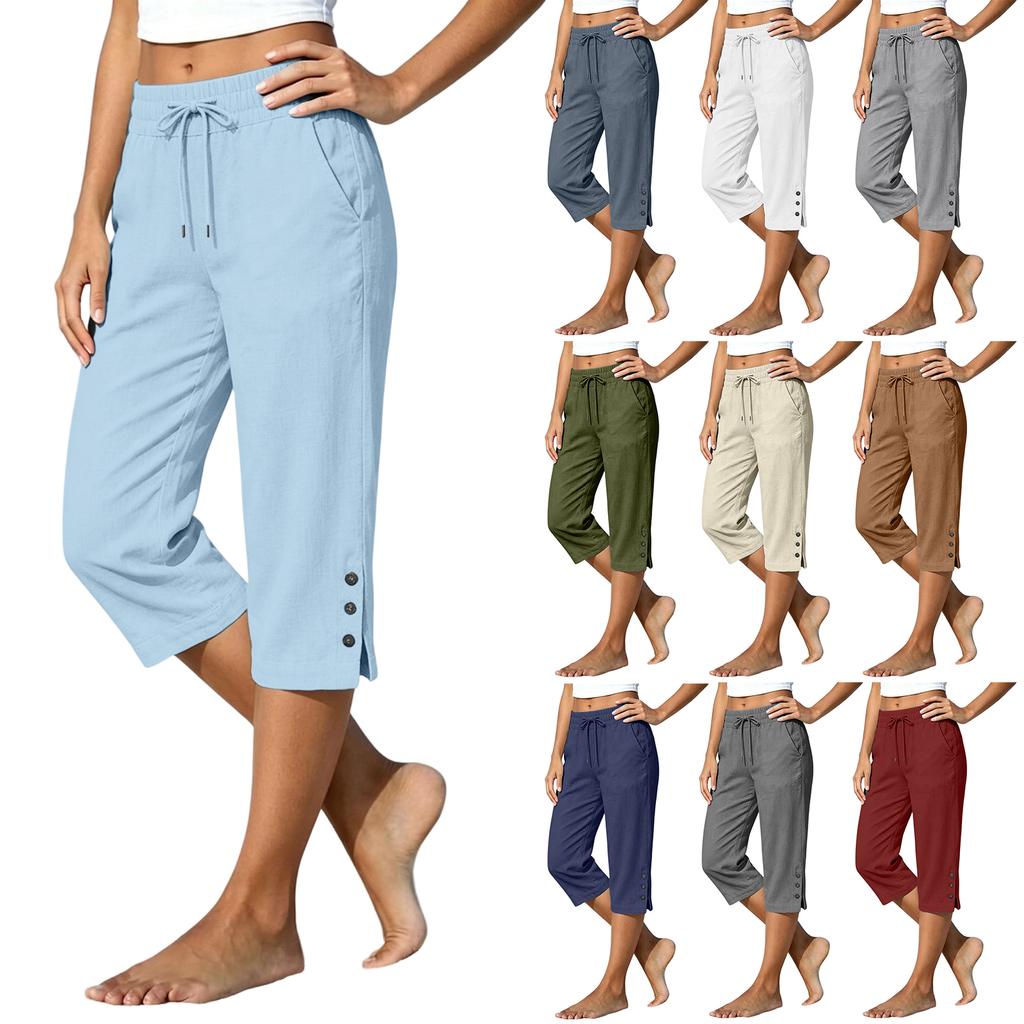 Women's Casual Cotton Linen Pants Straight Leg Loose Fit with Pockets Side Slit Button Front