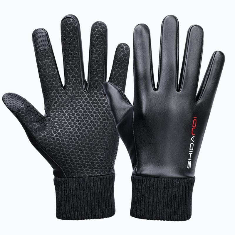 

Autumn and Winter Leather Gloves for Men and Women Two Finger Waterproof Plus Velvet Warm Riding Half Finger Touch Screen PU Leather Gloves One Size