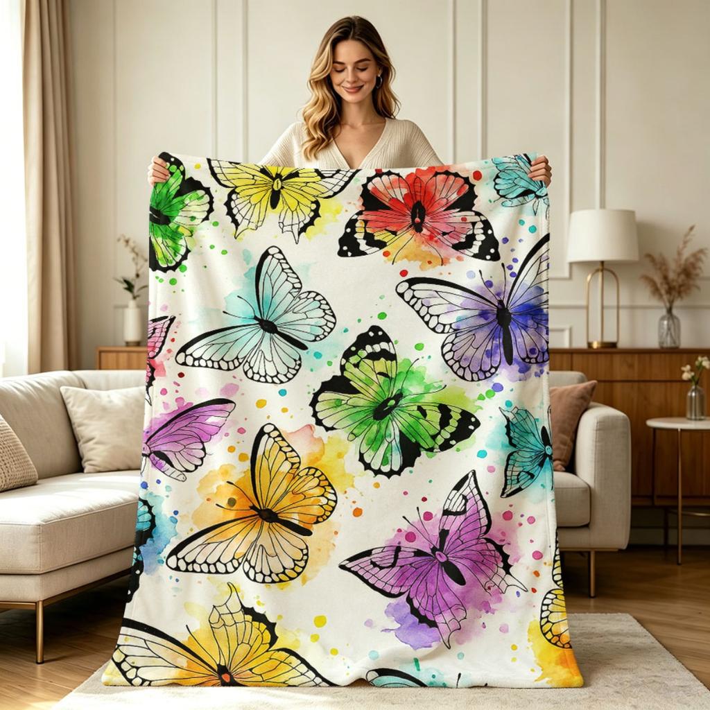 Soft Flannel All Season Blanket with Watercolor Colorful Butterfly Print for Sofa Couch Bed Office Living Room Warm Cozy Lightweight Throw Blanket for