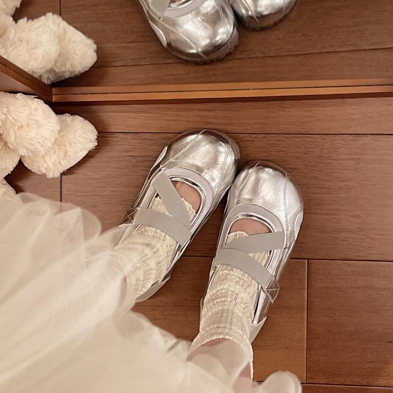 

Летние новые одинарные туфли с мелким вырезом, универсальные простые балетки на плоской подошве Мэри Джейн, женские 35 серебряный