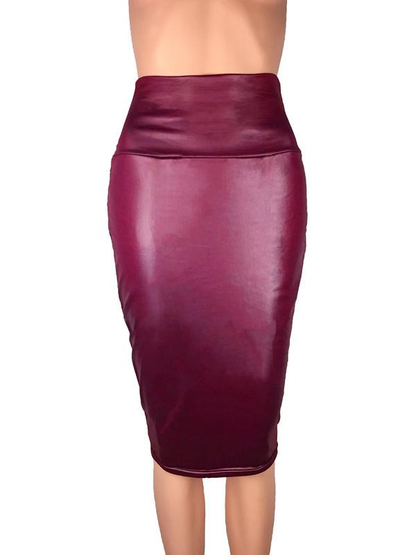 European & American Matte Faux Leather High Waist Knee-Length Bodycon Skirt for Women