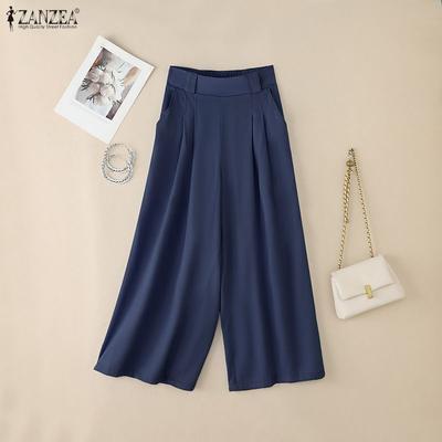 Women Casual Elastic Waist Solid Color Loose Wide Leg Pants