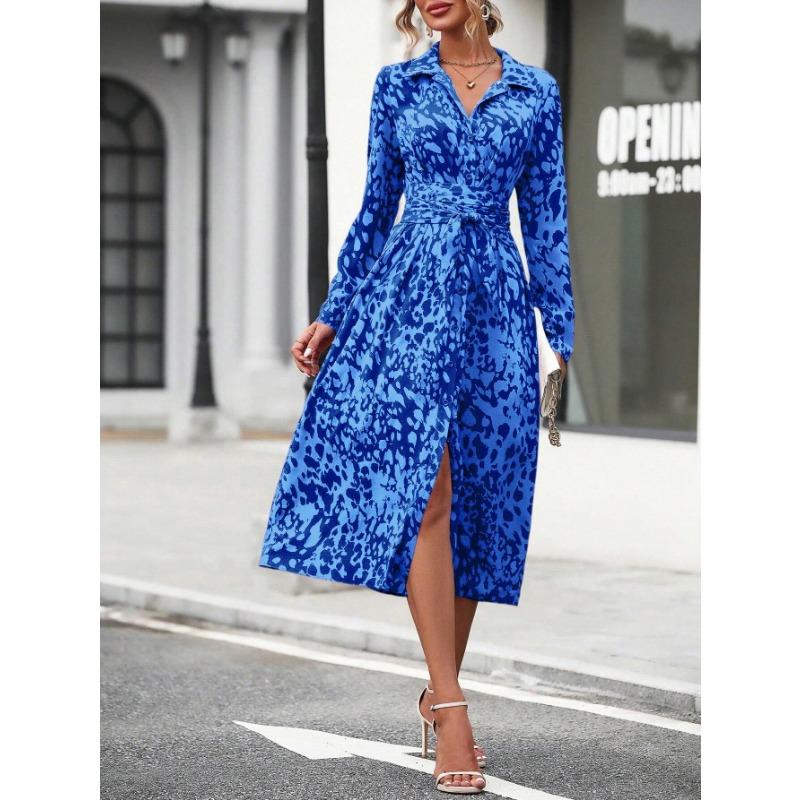 Women's Printed Long Sleeve Shirt Dress with Waist Tie and Button Front