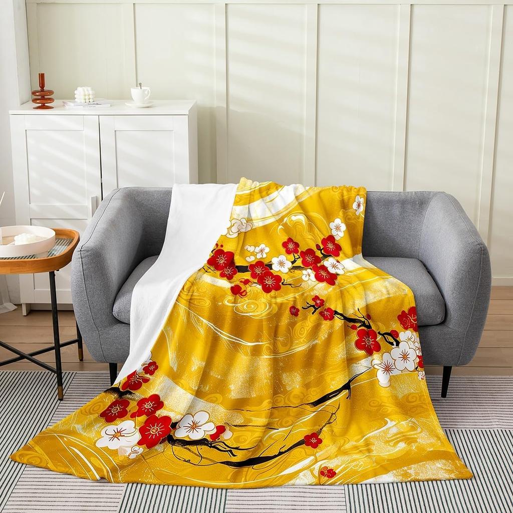 Japanese Floral Throw Blanket X Plush Cherry Blossoms Flannel Fleece for Sofa Couch Kids Room Decor