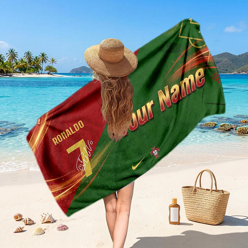 Cristiano Ronaldo Custom Beach Towel, Personalized Name Text Print, Football Logo Soft Quick‑Dry Towel Holiday Gift