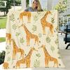 Giraffe Cartoon Print Flannel Blanket Soft Cozy AllSeason Throw for Bed, Sofa, Camping & Travel Contemporary Style with Playful Leaf Motifs Perfect Gi