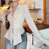 Fairycore Lace Up Blouse Women Long Sleeve New Turn Down Collar Shirts Feminina Ladies Cropped Tops Korean Fashion Chic