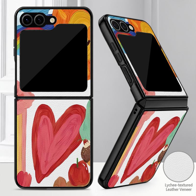 Colorful Leopard Love Heart Case For Samsung Z Flip 8 7 FE 6 5 4 Hybrid Leather Skin Hard PC Bumper Cover For Galaxy Z Flip8 Flip7 Flip6 Flip5