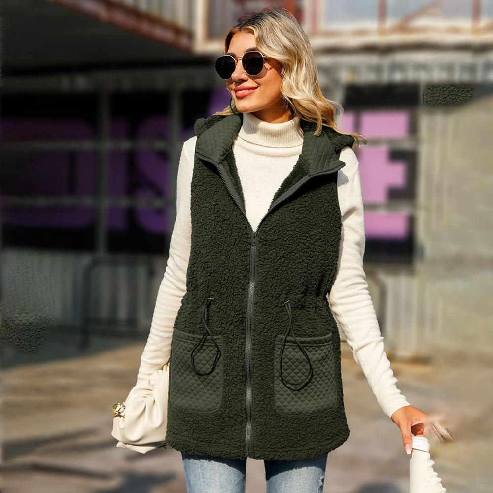 Autumn Women's Hooded Sleeveless Colorblocking Pocket Buttonless Mid-Length Cardigan Bubble Fleece Jacket