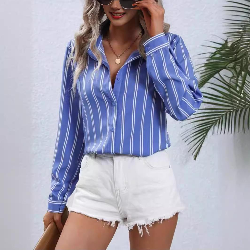

Women s Spring/Summer Commuting Style Fashion Striped Loose Fit Long Sleeve Shirt Medium синій