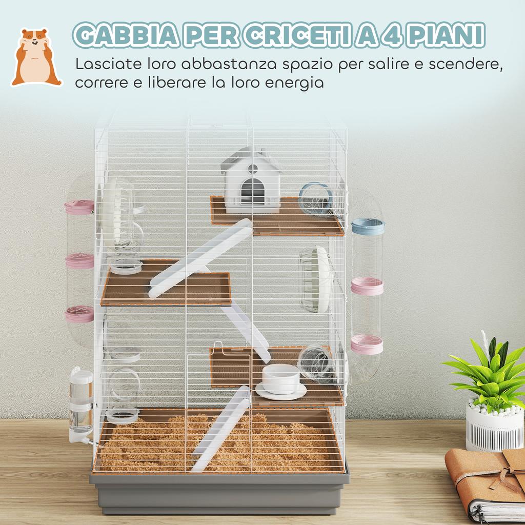 4-Tier, 16-Tube Hamster Cage with House, Ramp, and Accessories, Metal and Plastic, 47x30x70 cm, Grey