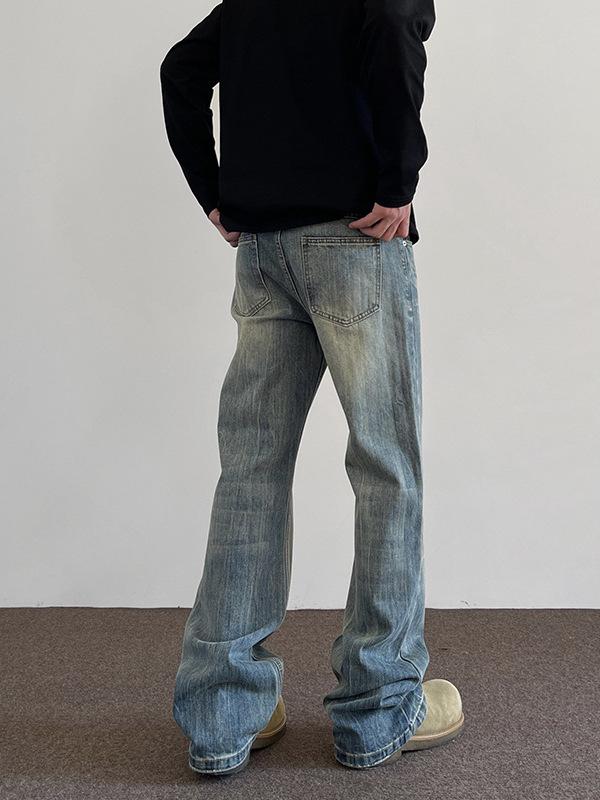 Men's Retro Distressed Jeans: Bamboo Texture, Slight Flare, Loose Fit Casual Pants