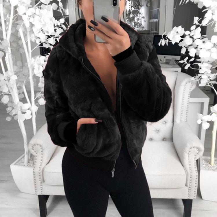 Women Bunny Fur Hooded Jacket Short Coat for Autumn Winter Female Fashion Outerwear