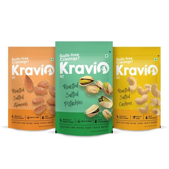 Kravio Premium Roasted Salted Cashew, Almond(3 X 200g) | California Badam & Inshell Pista Nuts & Dry Fruits | Crunchy Delicious Healthy Snacks