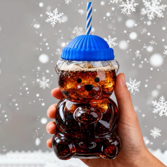 Yousheng Medvídek Pítko s víčkem a brčkem Roztomilý design medvídka Skleněný kelímek na džus, mléko, čaj, smoothie Vhodný do mikrovlnné trouby Kelímek na nápoje pro děti a dospělé