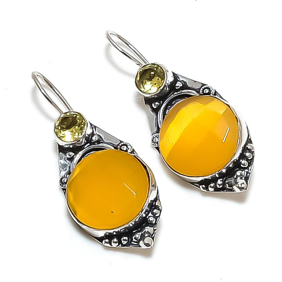 Natural Yellow Onyx, Citrine 925 Sterling Silver Jewelry Earring 1.77" k3m65