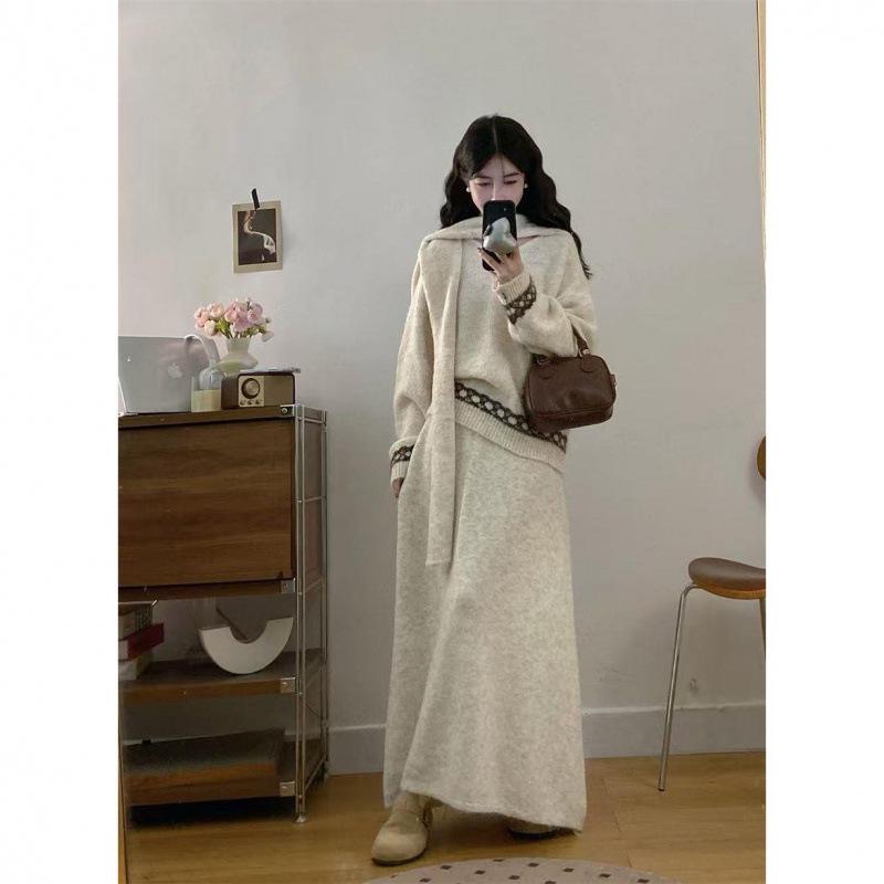 Korean Style V-Neck Jacquard Sweater & Knit Skirt Set - Plus Size, Loose Fit