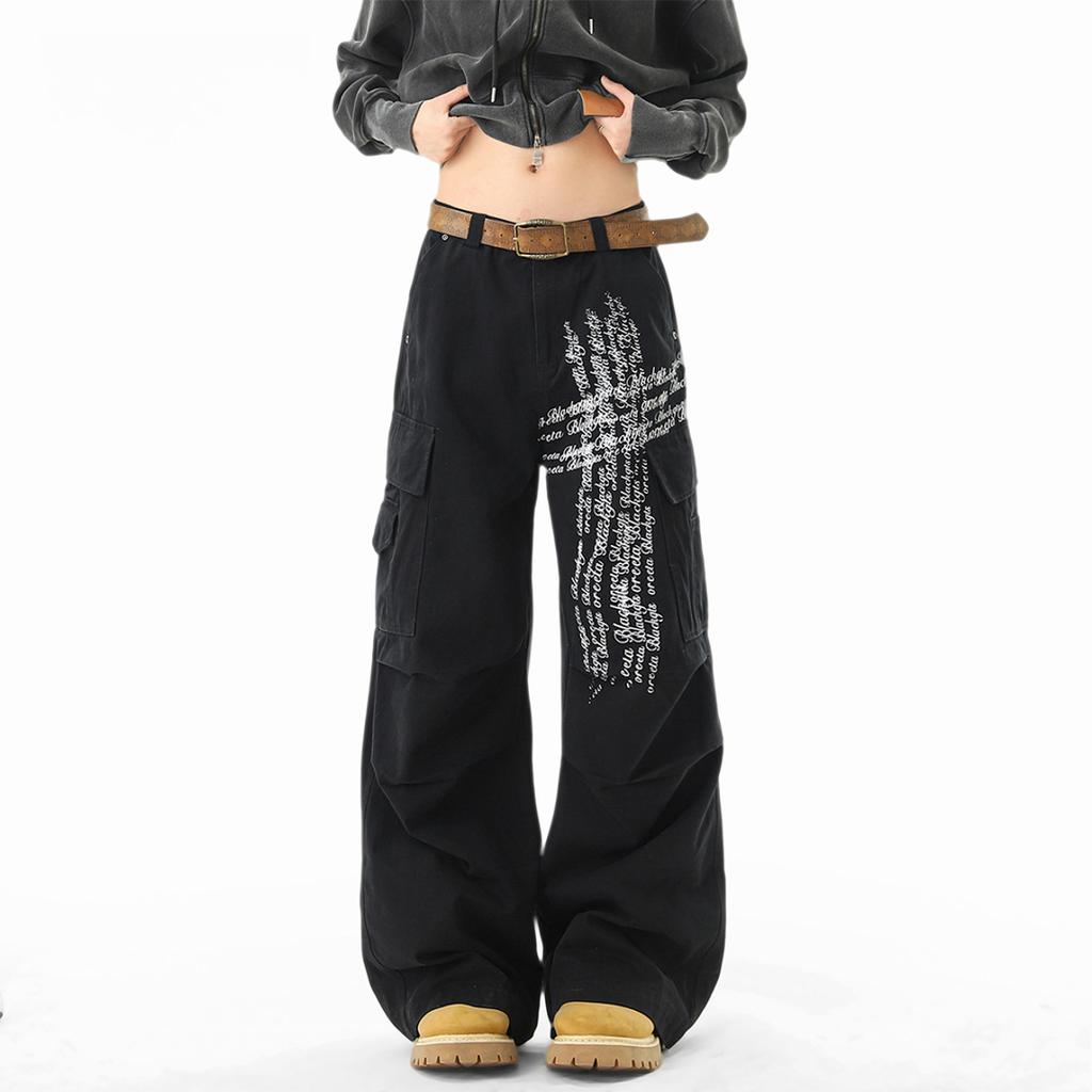 JYL Unisex Cargo Pants American Cross Print Autumn Washed Multi-Pocket Casual Denim