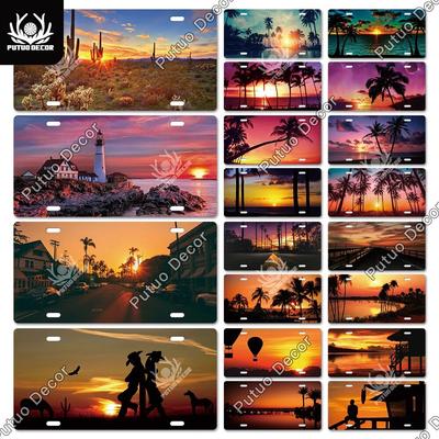 Putuo Decor The Setting Sun Licenses Plate Metal Sign Plaque Metal Vintage Decoration for Living Room Door Seaside Wall Decor