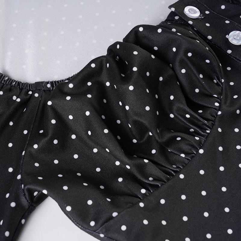 European & American Sweet Polka Dot Puff Sleeve Cropped Top with Button-Up & Round Neck - Slim Fit, Long Sleeve
