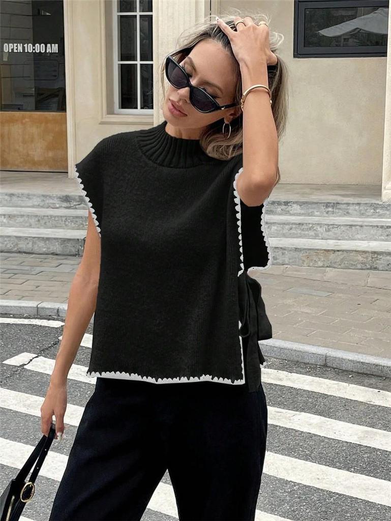 Women's Sleeveless Color Block Sweater Vest with Bow Tie Design (2026)