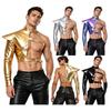 Men Asymmetrical One Shoulder Crop Top Metallic Shiny Long Sleeve Structured Epaulet Adjustable Buckles Clubwear for Stage Show